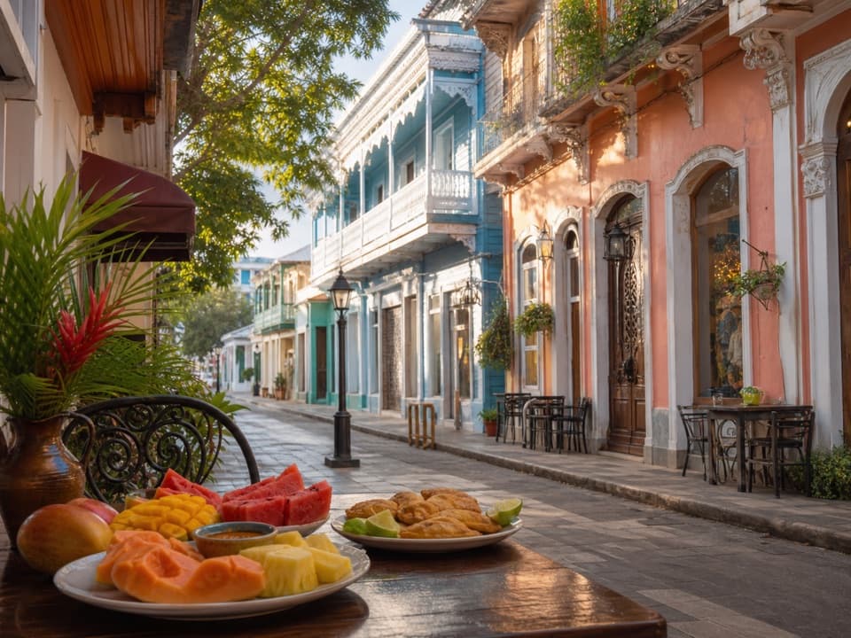 Historic Puerto Plata street with colorful Victorian facades and tropical fruit with local snacks in the foreground.