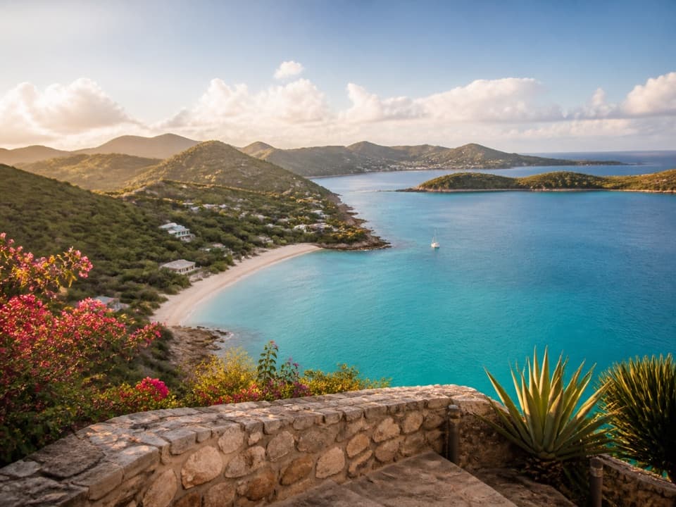Elevated view of a Caribbean bay with turquoise water, green hills and warm afternoon light.
