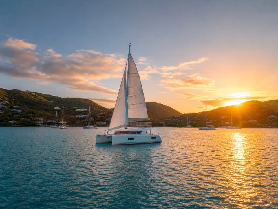 Sailing catamaran at sunset in front of green hills and the bay of St. Thomas.